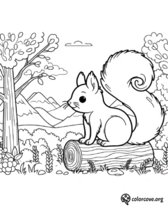 a black and white drawing of a squirrel on a log