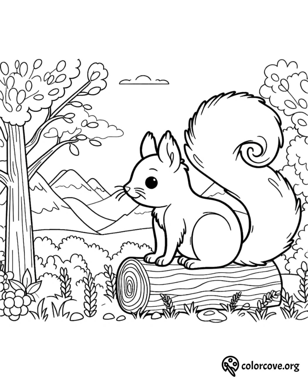 a black and white drawing of a squirrel on a log