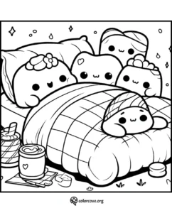 a coloring page of a bed with cartoon characters