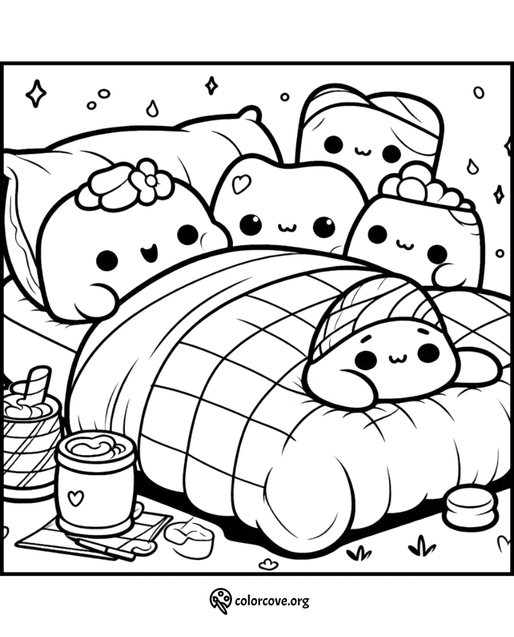 a coloring page of a bed with cartoon characters