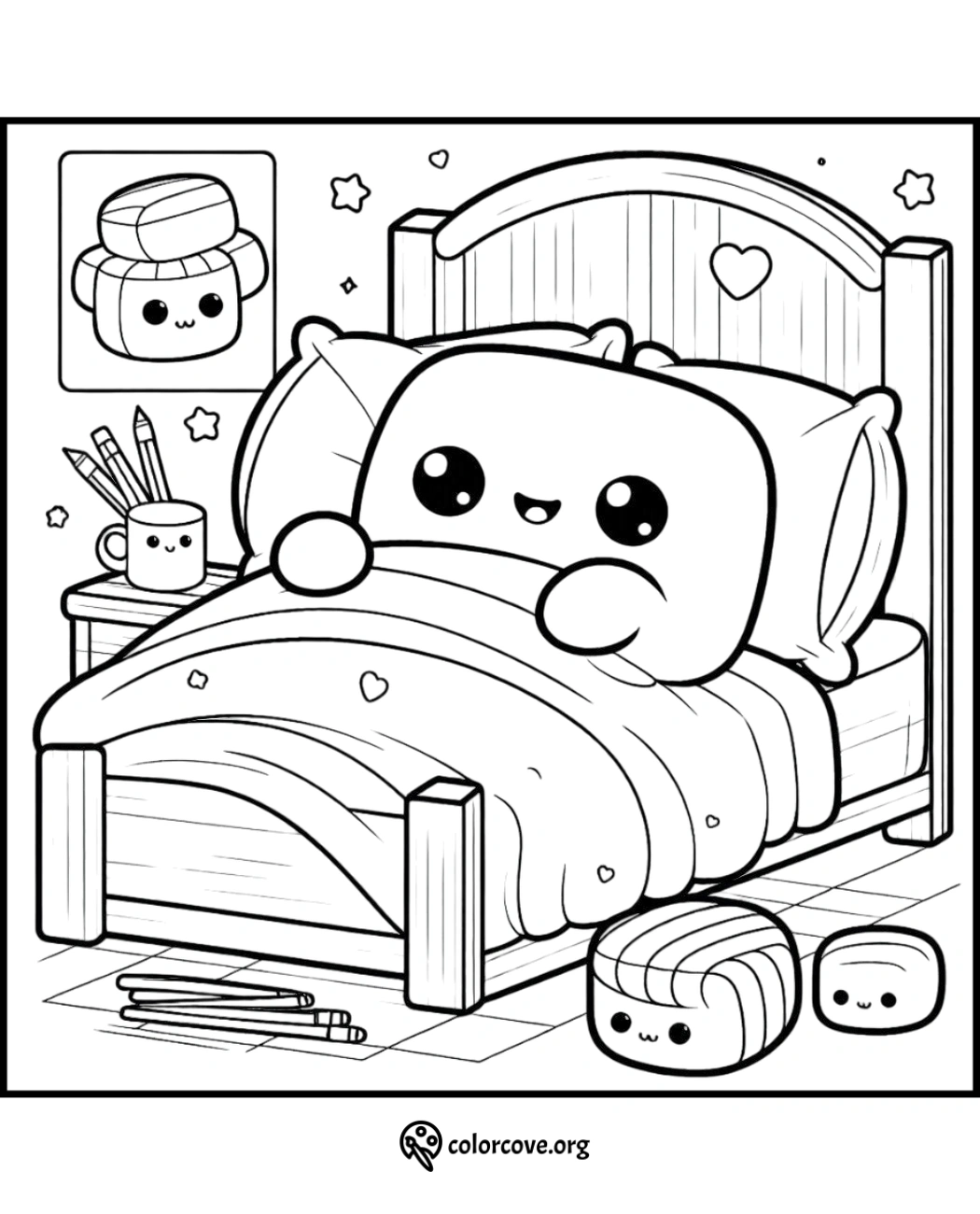 a coloring page of a bed