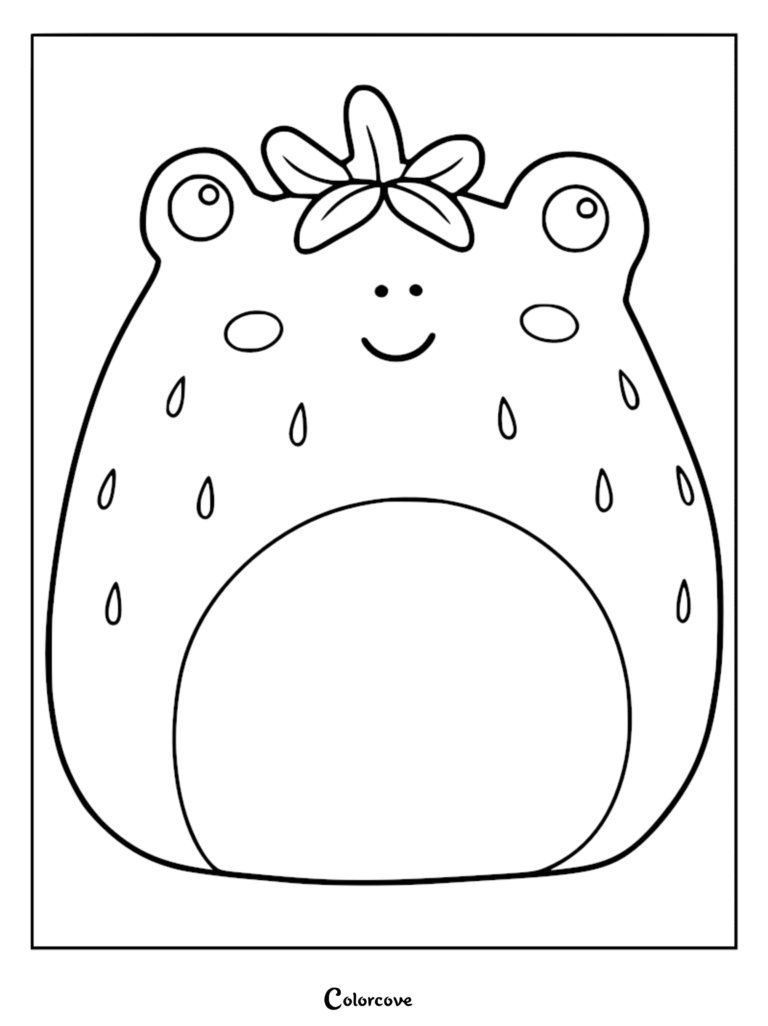 Dibujo para colorear de Adabelle la Rana Fresa Squishmallow con una linda rana con semillas de fresa y un tallo de hoja en la cabeza.