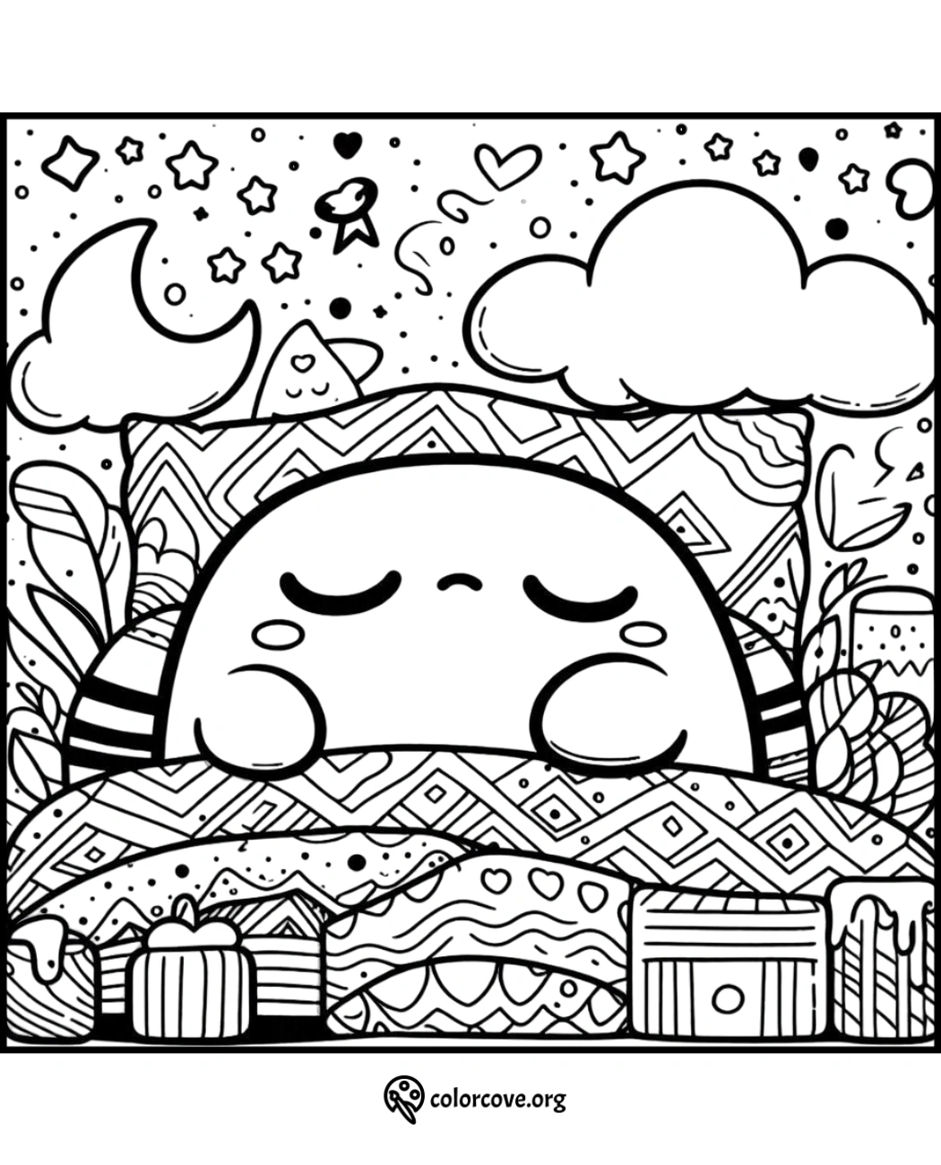 a black and white coloring page of a cartoon character sleeping on a bed