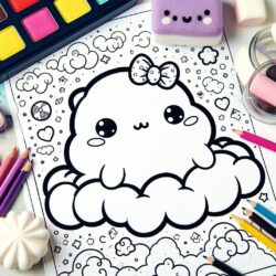 Cute cloud character coloring page with colored pencils and watercolors, surrounded by cartoon clouds, stars, and hearts.