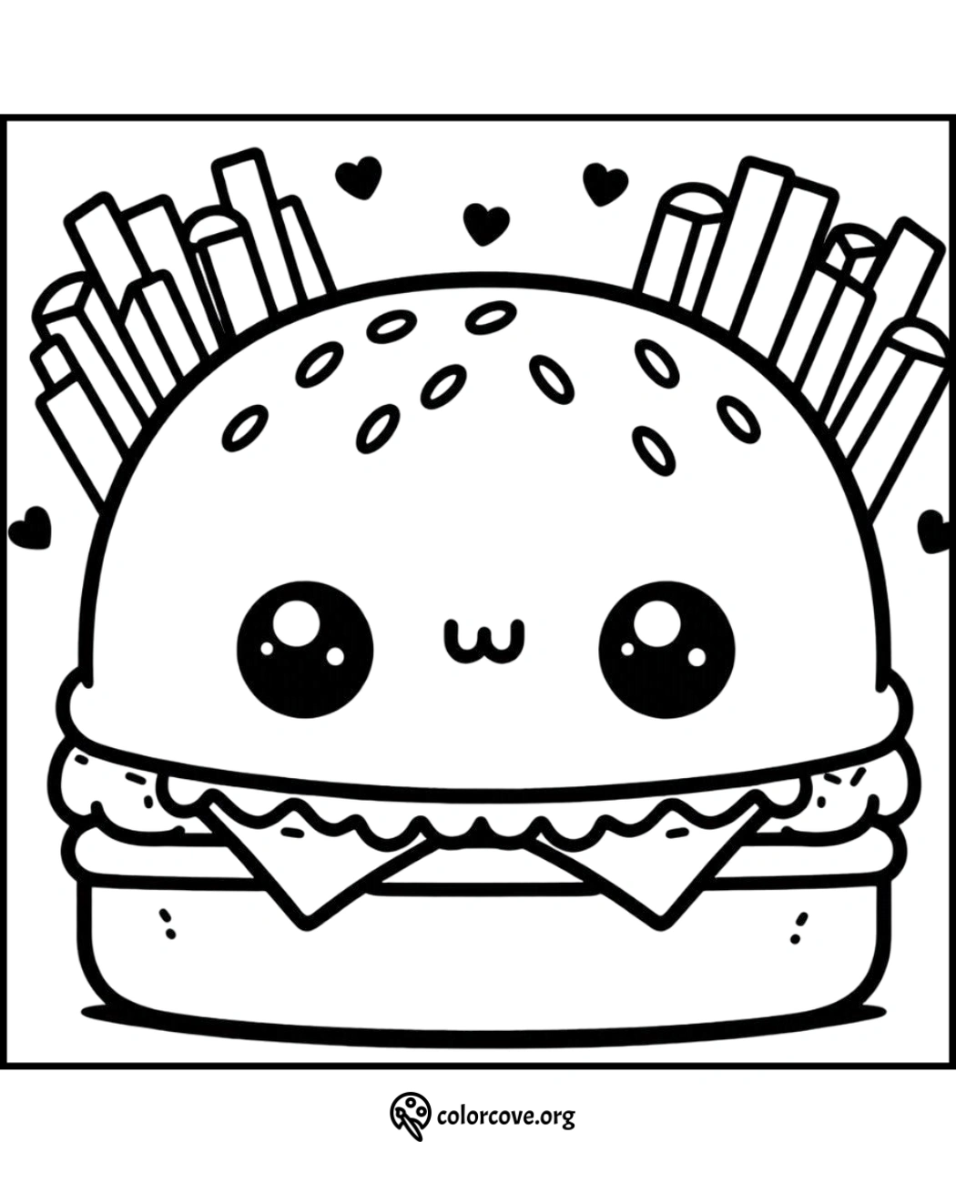 a black and white drawing of a burger with fries