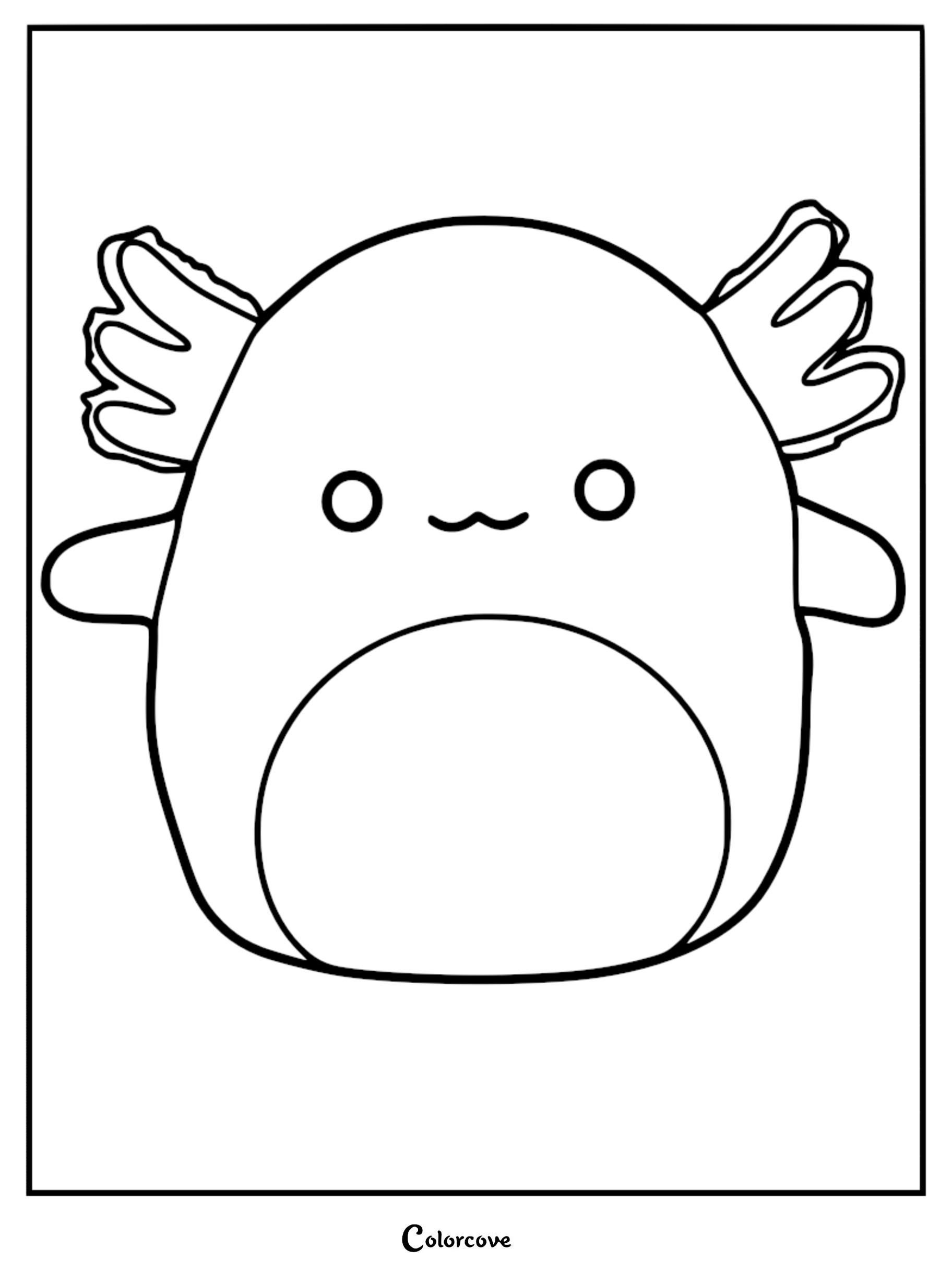 Simple line art coloring page of Archie the Axolotl Squishmallow with his signature feathery gills and round body.