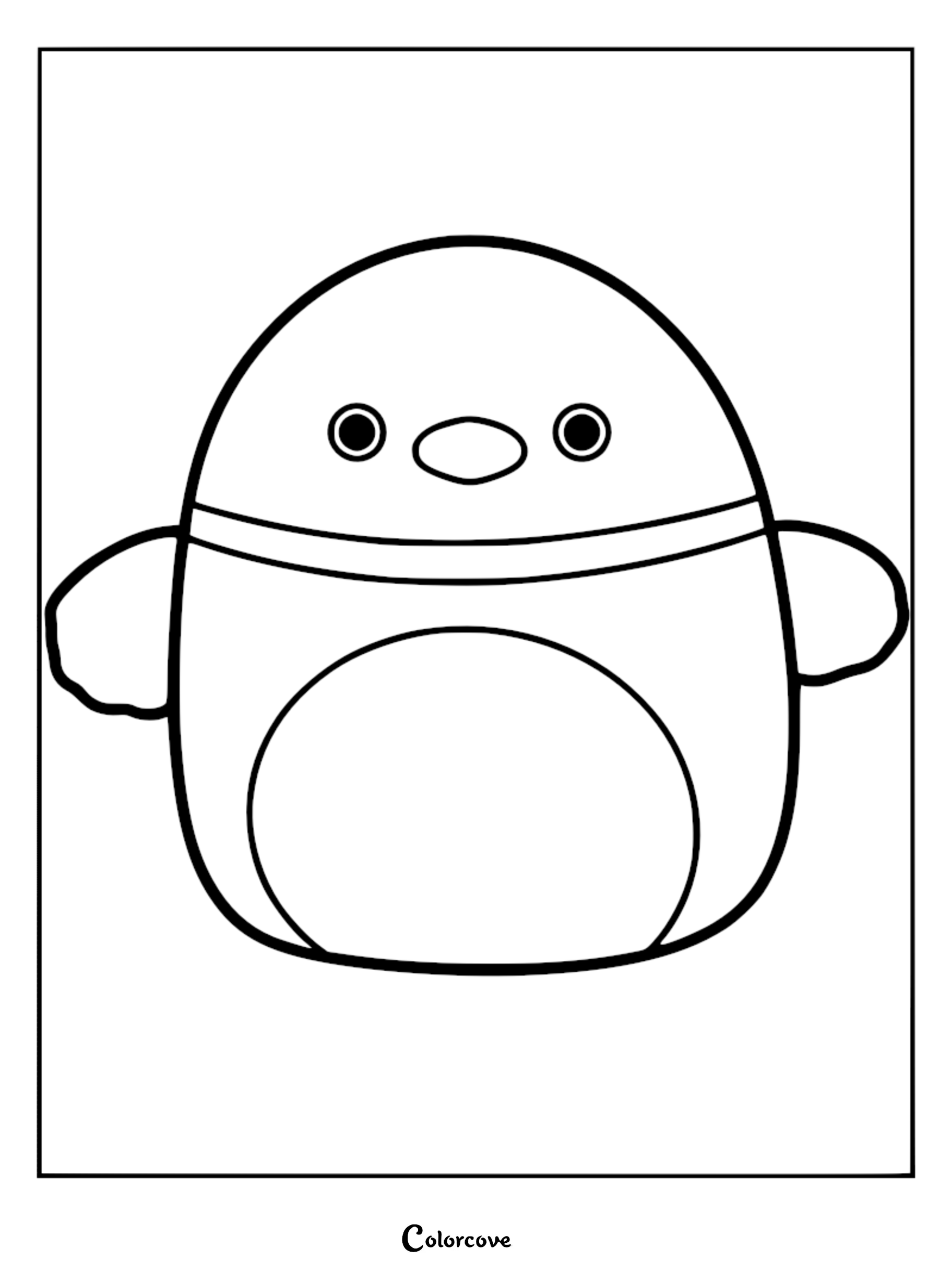 Avery the Mallard Duck Squishmallow character line art coloring page with round body and small wings.