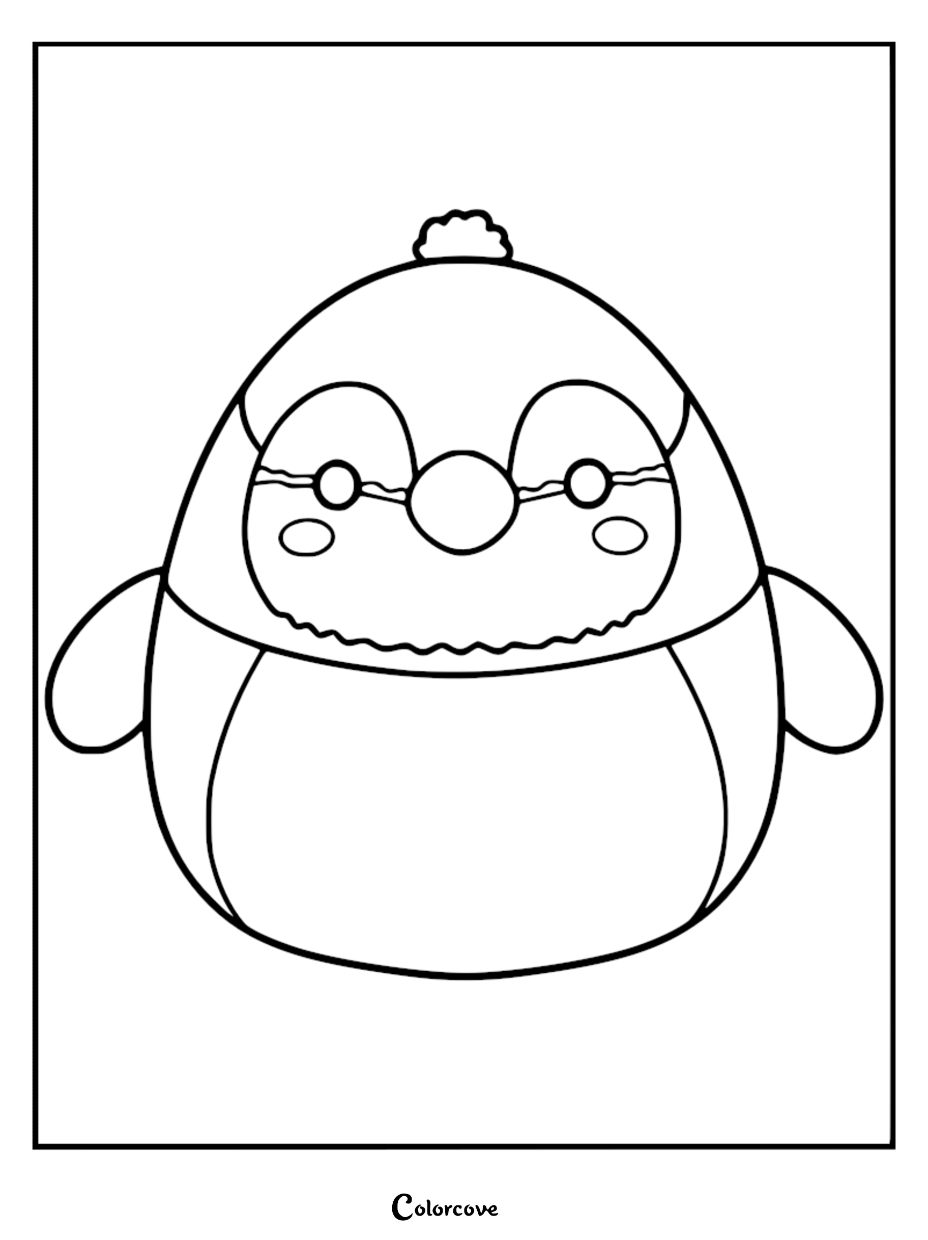 Babs the Blue Jay Squishmallow with round glasses and a small tuft of feathers on top in a printable coloring page format.