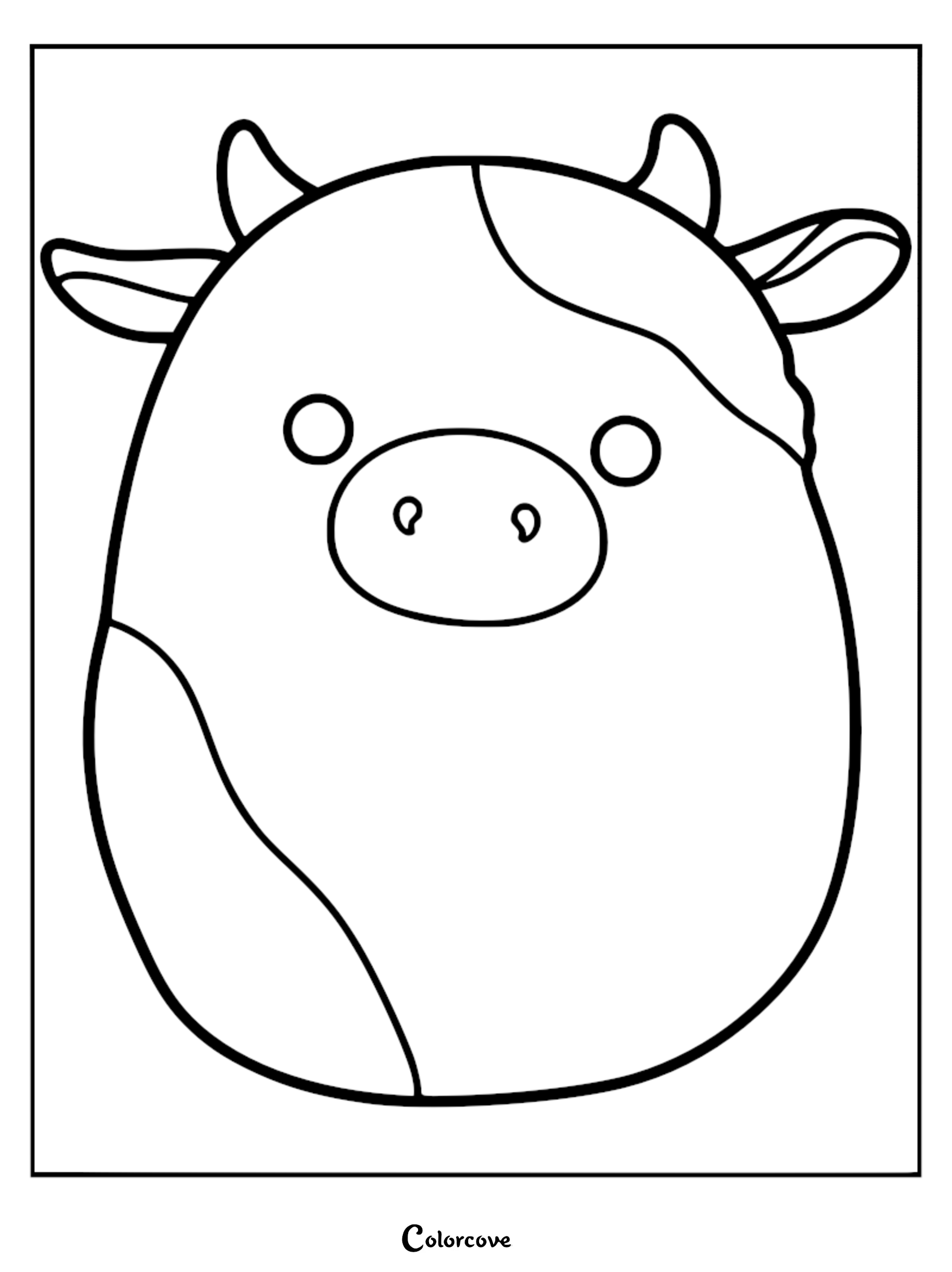 A simple line art coloring page of Belana the Cow Squishmallow with her signature spotted pattern and horns.