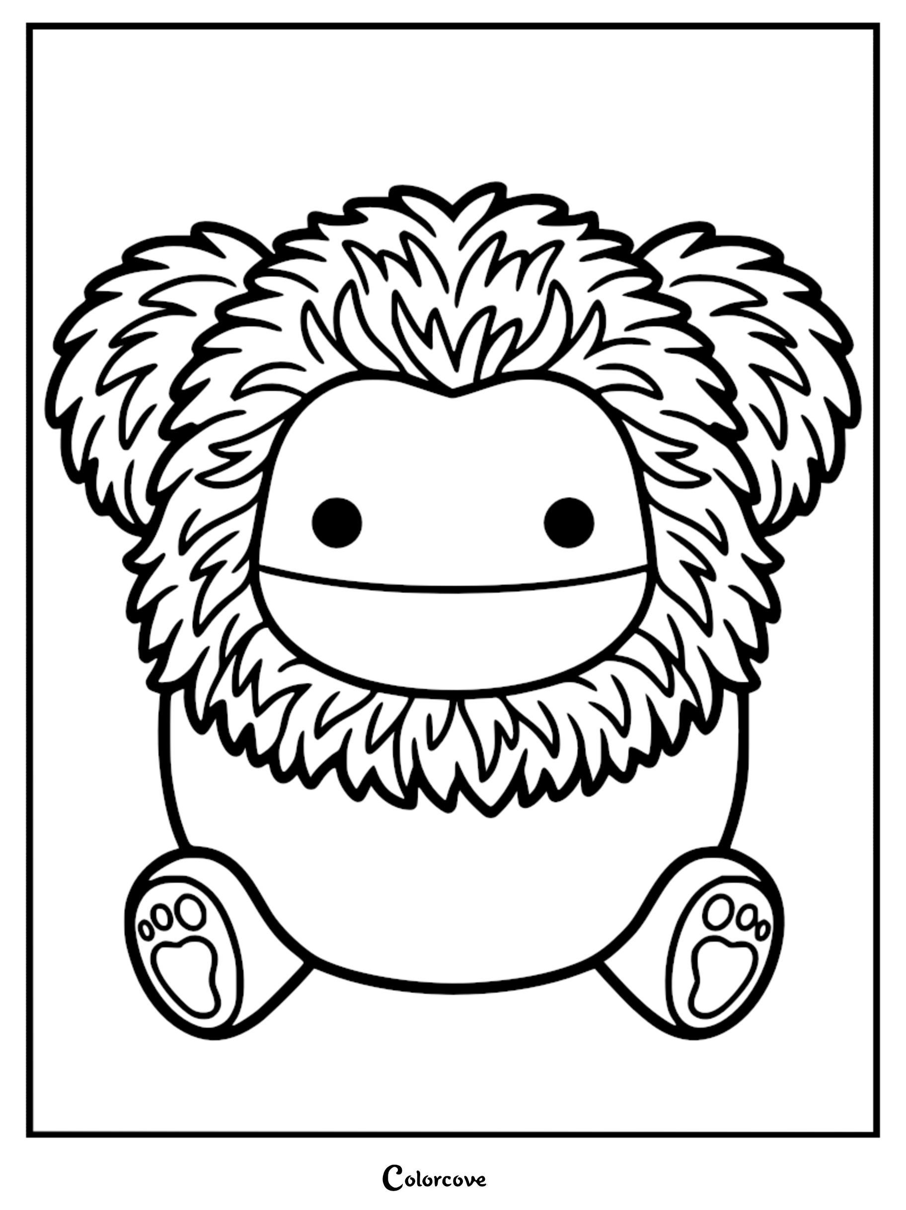 A simple line art coloring page of Benny the Bigfoot Squishmallow with his signature shaggy fur and round feet.