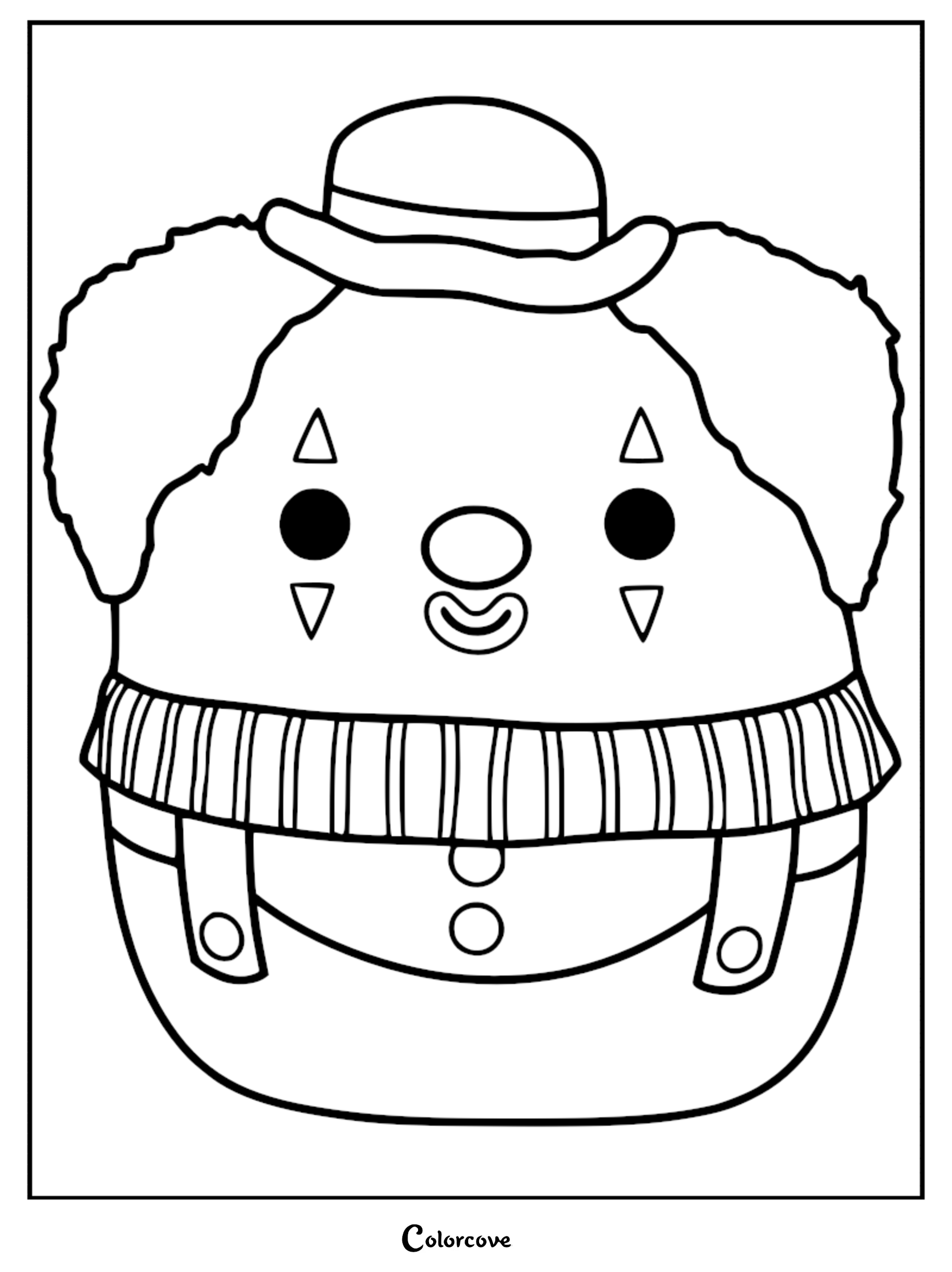 Bimbi the Clown Squishmallow wearing a hat and striped shirt in a printable coloring page format.