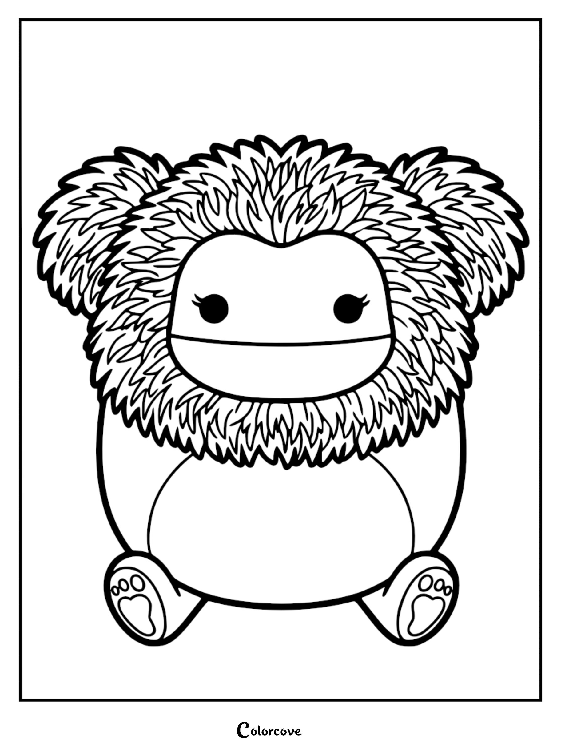 Brina the Bigfoot Squishmallow coloring page featuring a fluffy character with large ears and paw prints on feet.