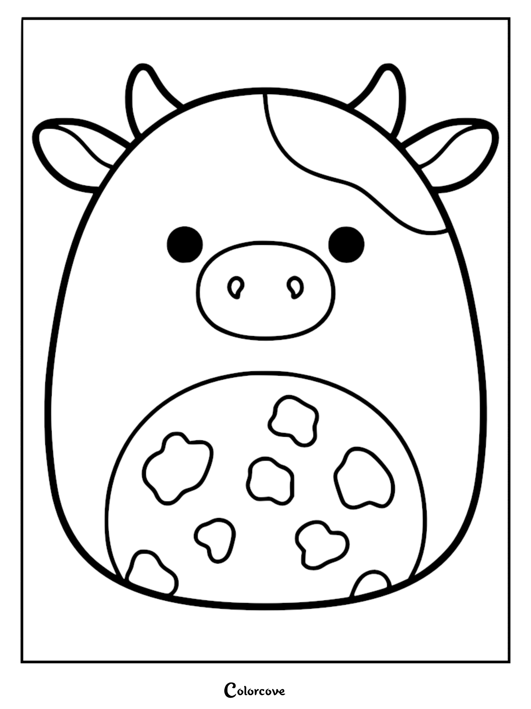 A printable coloring page featuring Bubba the Cow with his signature spots and horns.