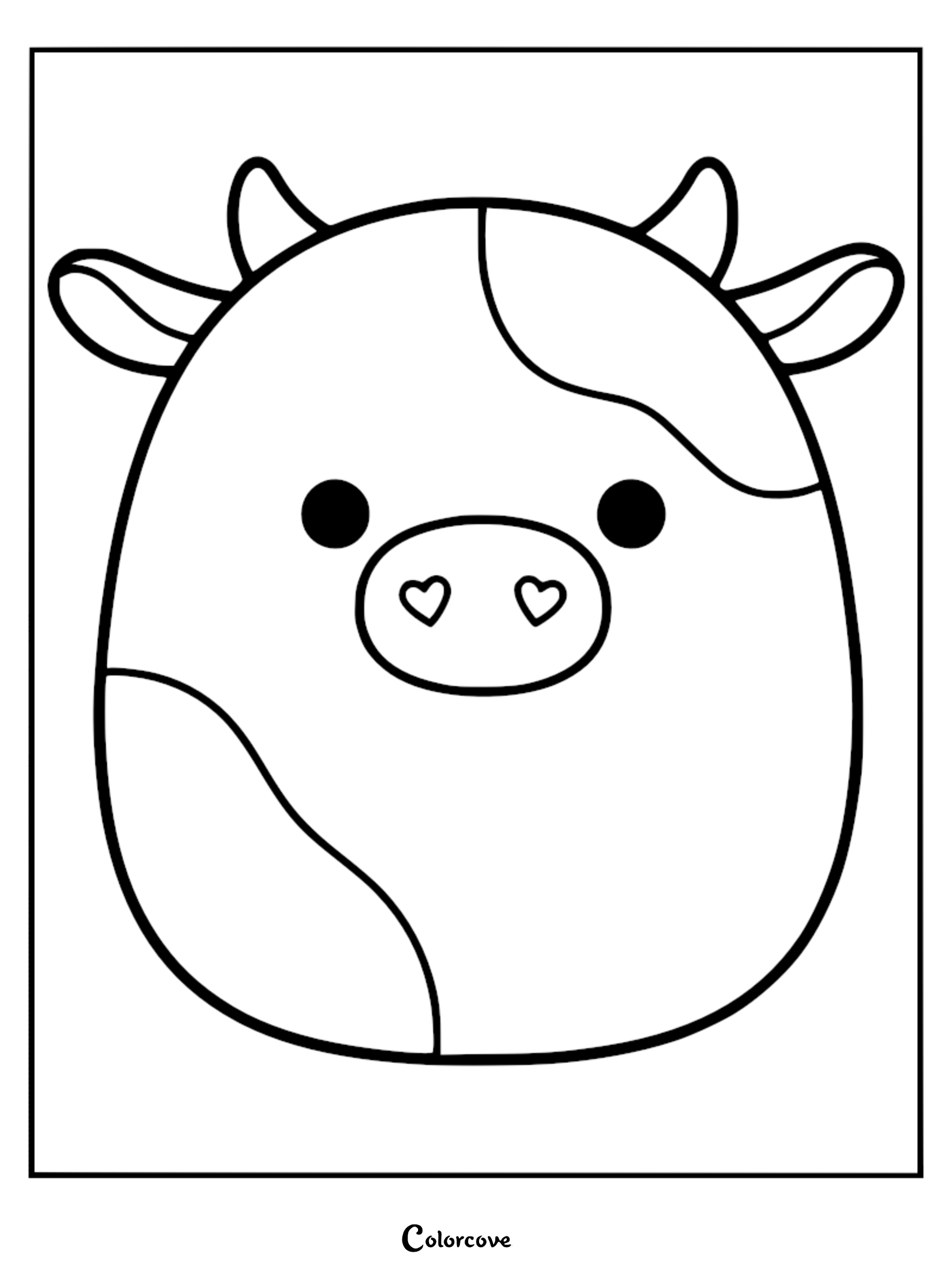 A simple line art coloring page of Caedyn the Cow Squishmallow featuring heart-shaped nostrils and a spotted pattern.