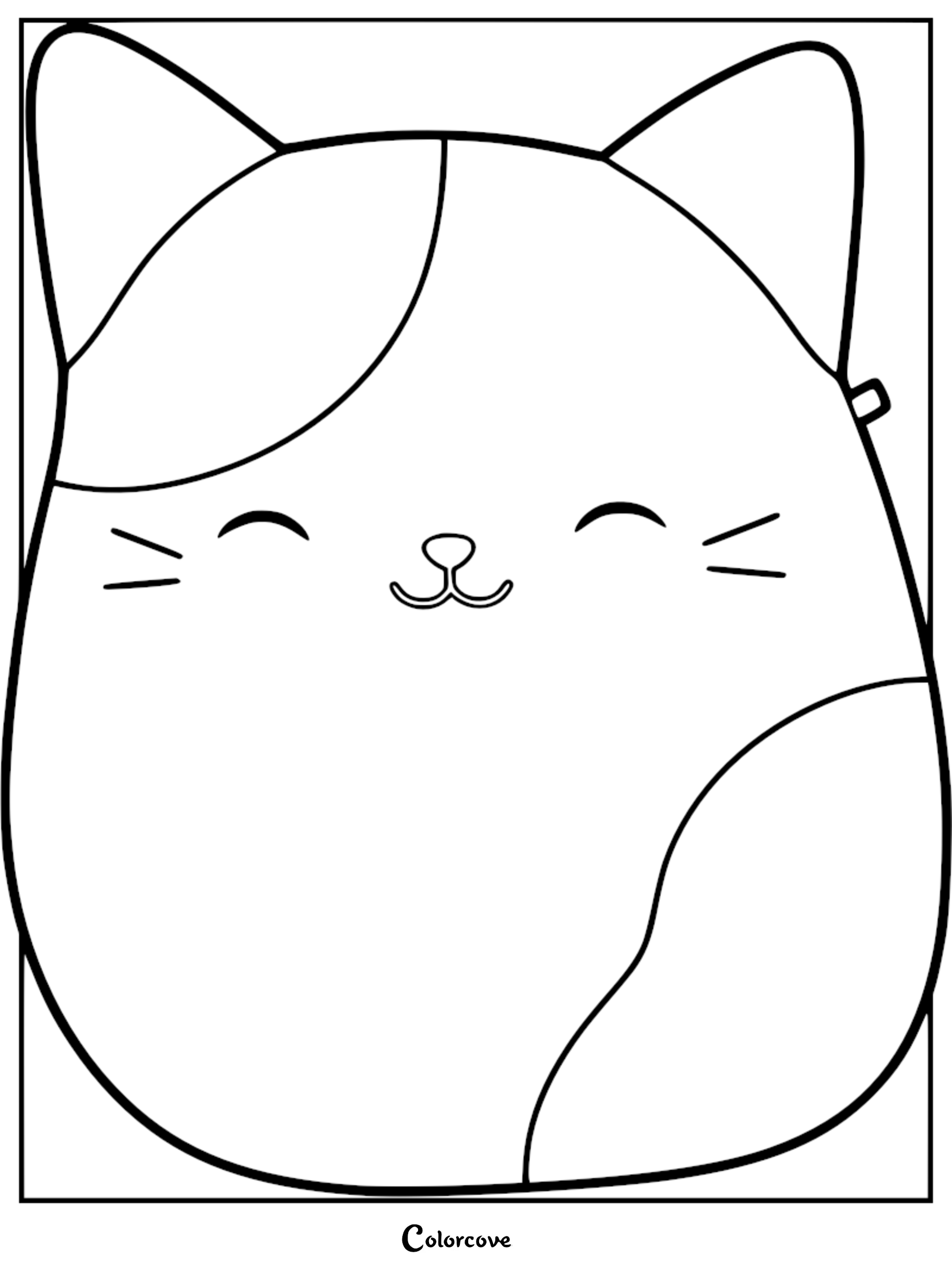 A simple line art coloring page featuring the smiling face of Cam the Cat Squishmallow with his signature ear patch.