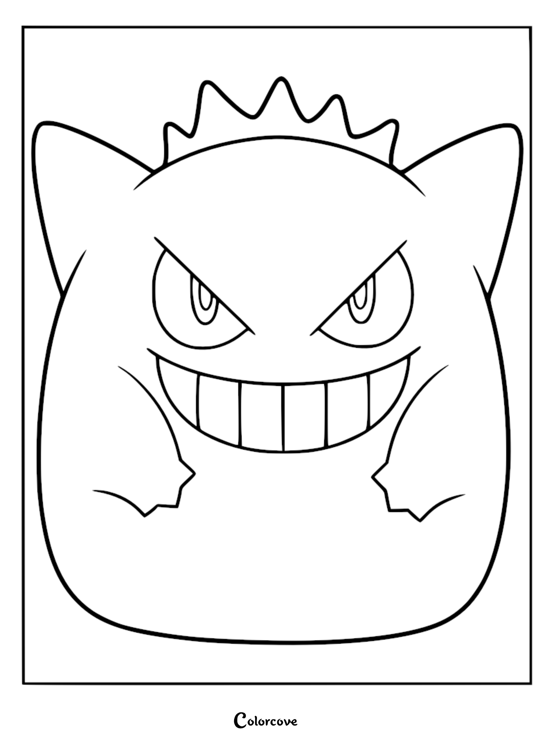 A simple line art coloring page of a Gengar Squishmallow with a wide mischievous grin and spiky back.