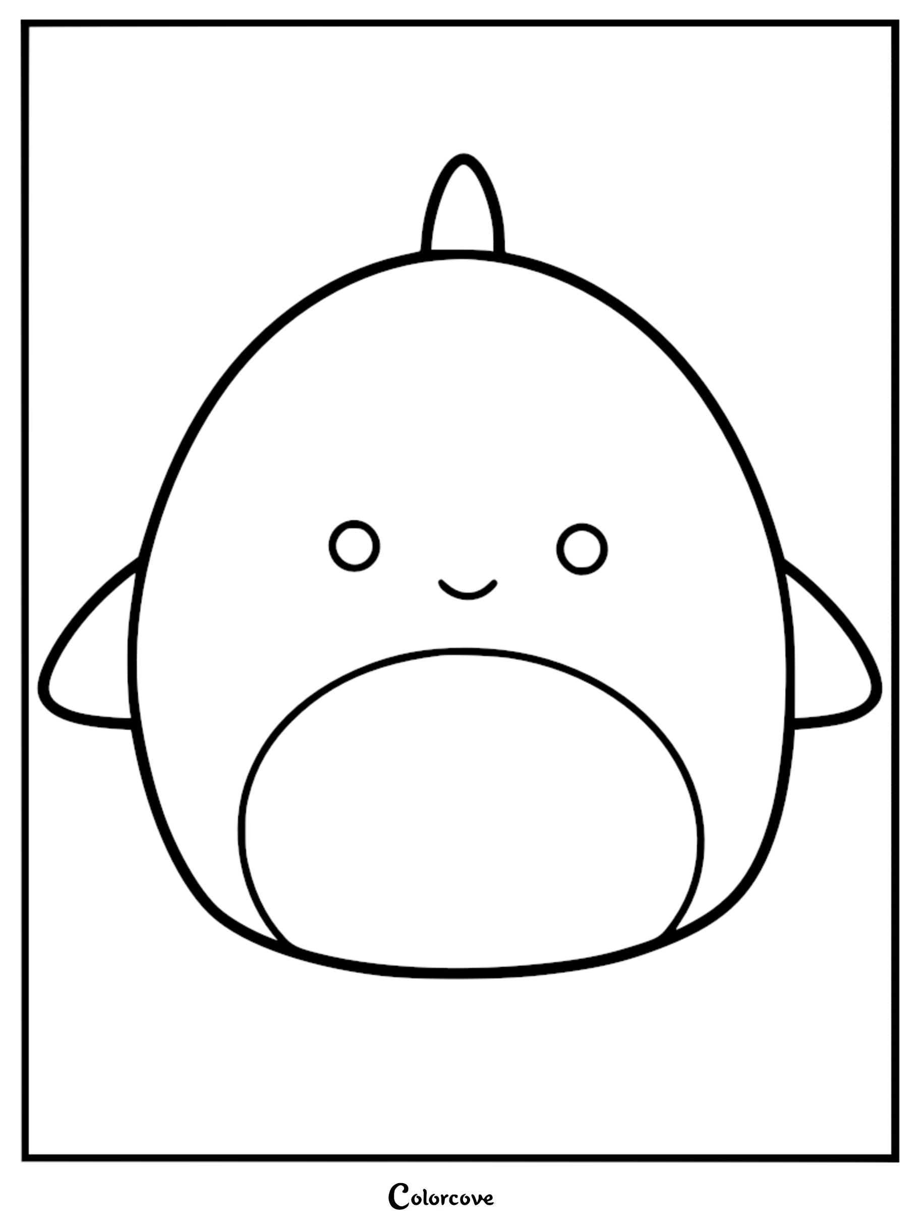 Simple line art of Gordon the Shark Squishmallow with a rounded body, dorsal fin, and smiling face on a coloring page.