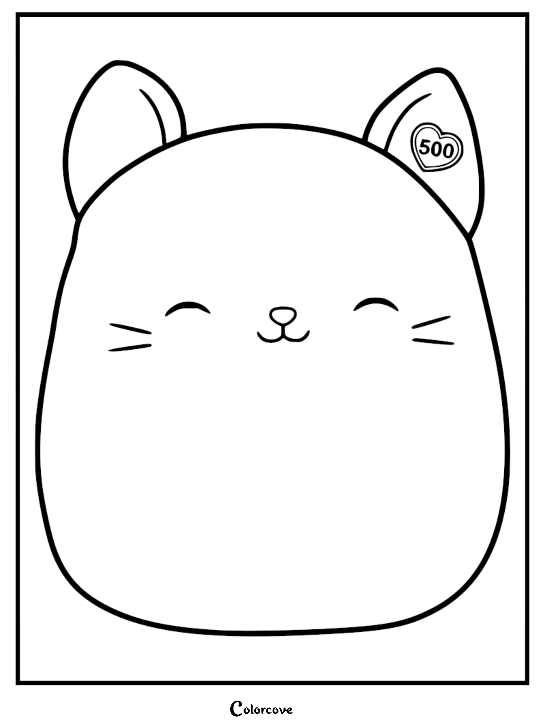 Jack the Black Cat Squishmallow coloring page featuring the 500th edition heart icon on his ear.