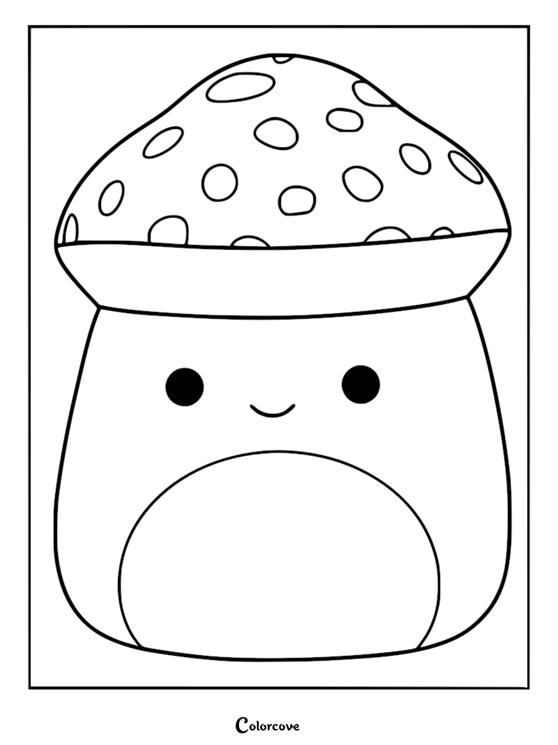 Malcolm the Mushroom Squishmallow with a spotted cap and smiling face in a printable coloring page format.