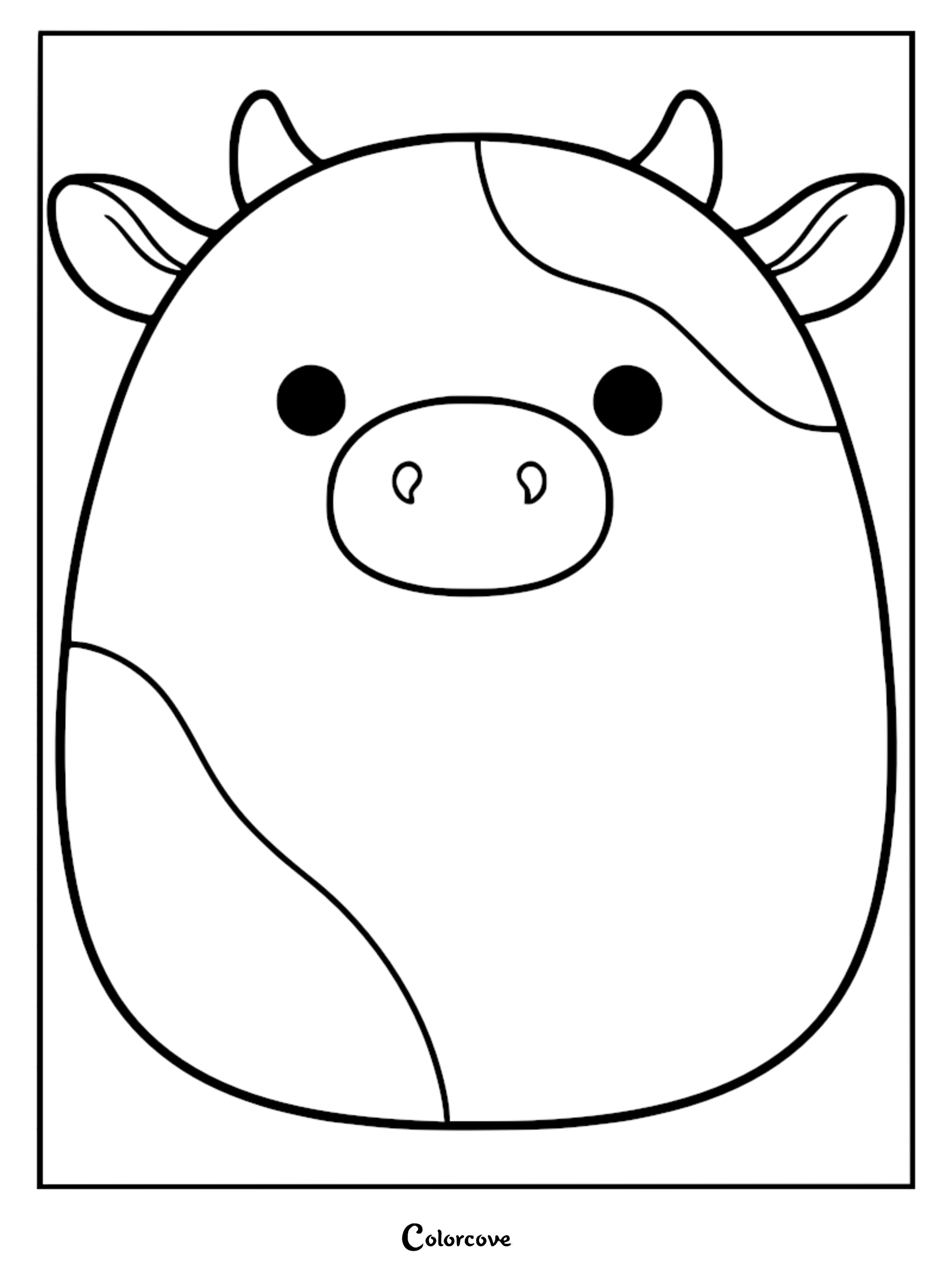 A printable coloring page featuring Patty the Cow with her signature spotted pattern and small horns.