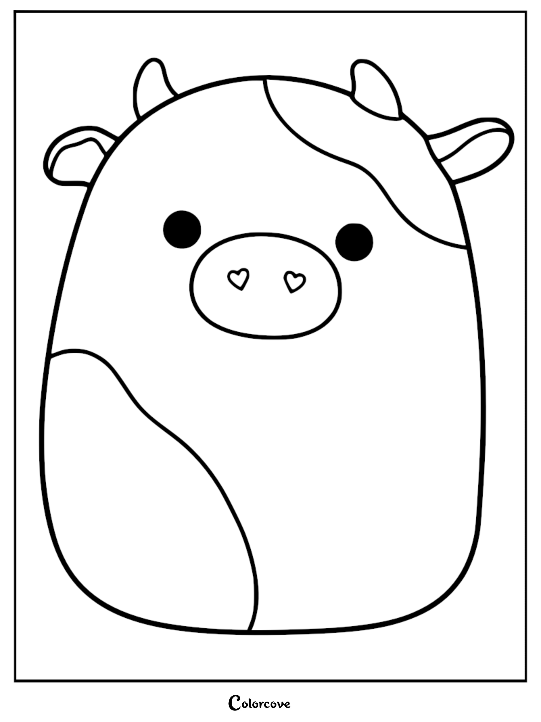 A printable coloring page featuring Reshma the Cow with heart-shaped nostrils and a distinct spot pattern.