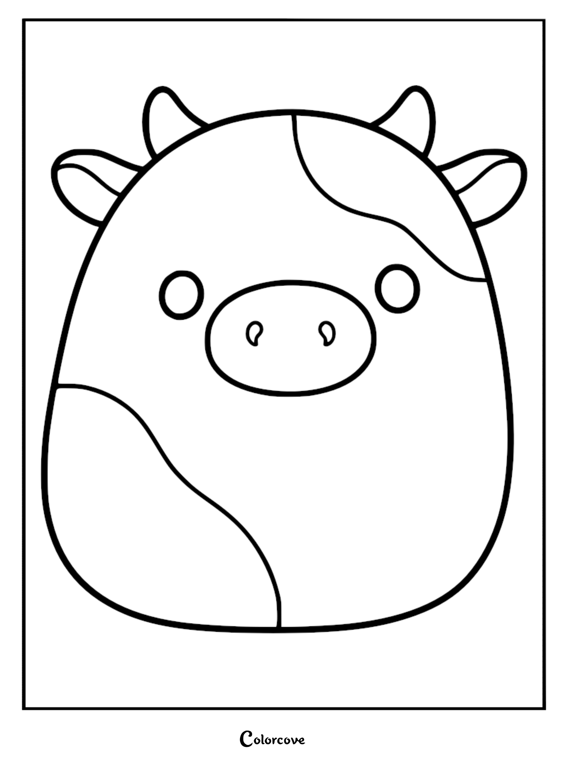 A simple black and white line art coloring page of Ronnie the Cow Squishmallow with his signature spots and horns.