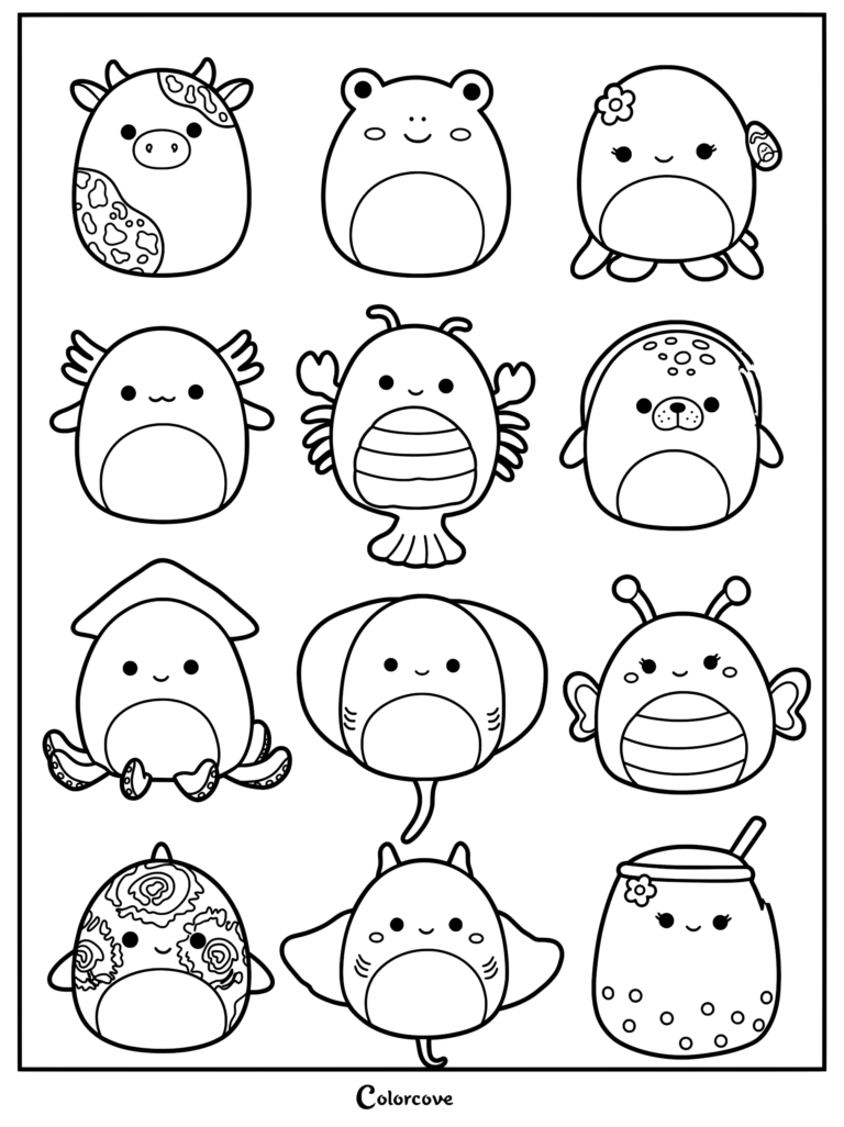 Twelve cute blue Squishmallow characters arranged in a grid.