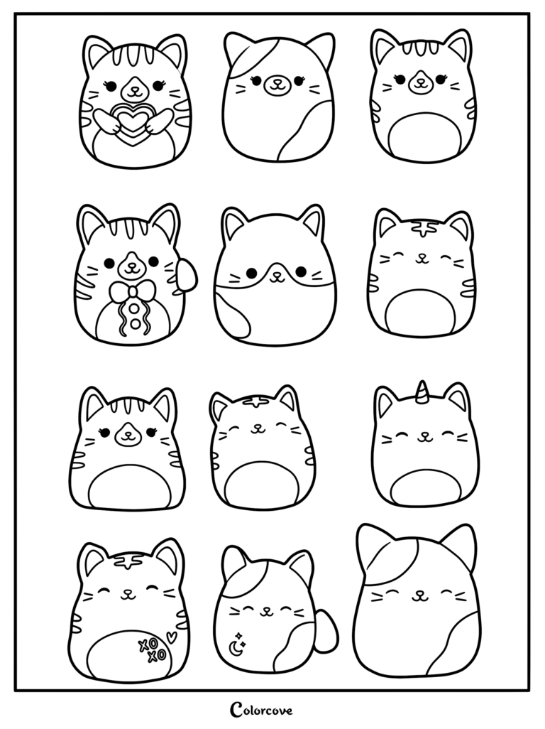 Una página para colorear imprimible con doce Squishmallows de gatos diferentes con varias expresiones y accesorios.