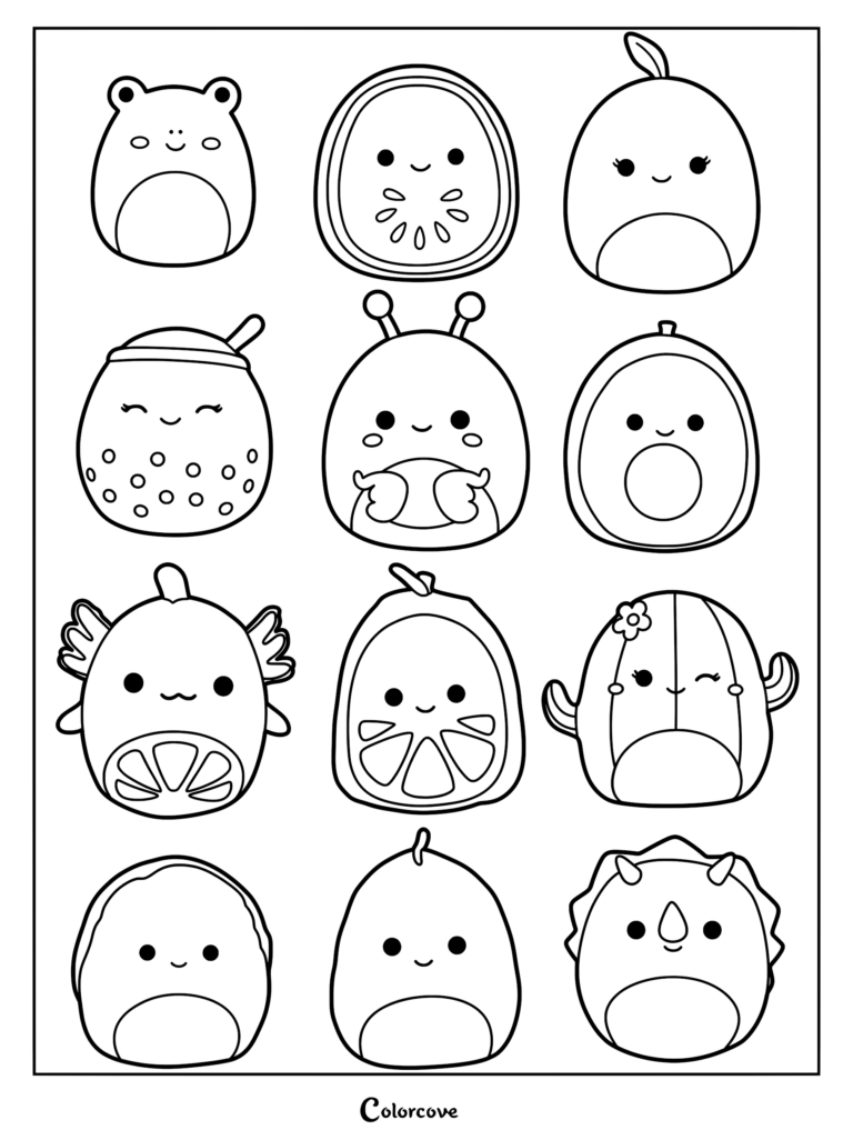 Una colección de Squishmallows verdes en esta página para colorear imprimible que presenta varios personajes con temática de frutas y animales.
