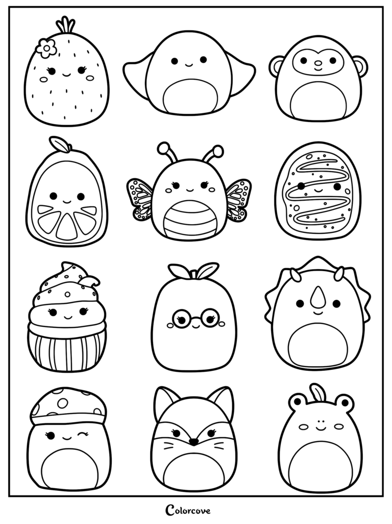 Una página para colorear imprimible con una colección de doce personajes únicos de Squishmallows naranjas en diseño de cuadrícula.