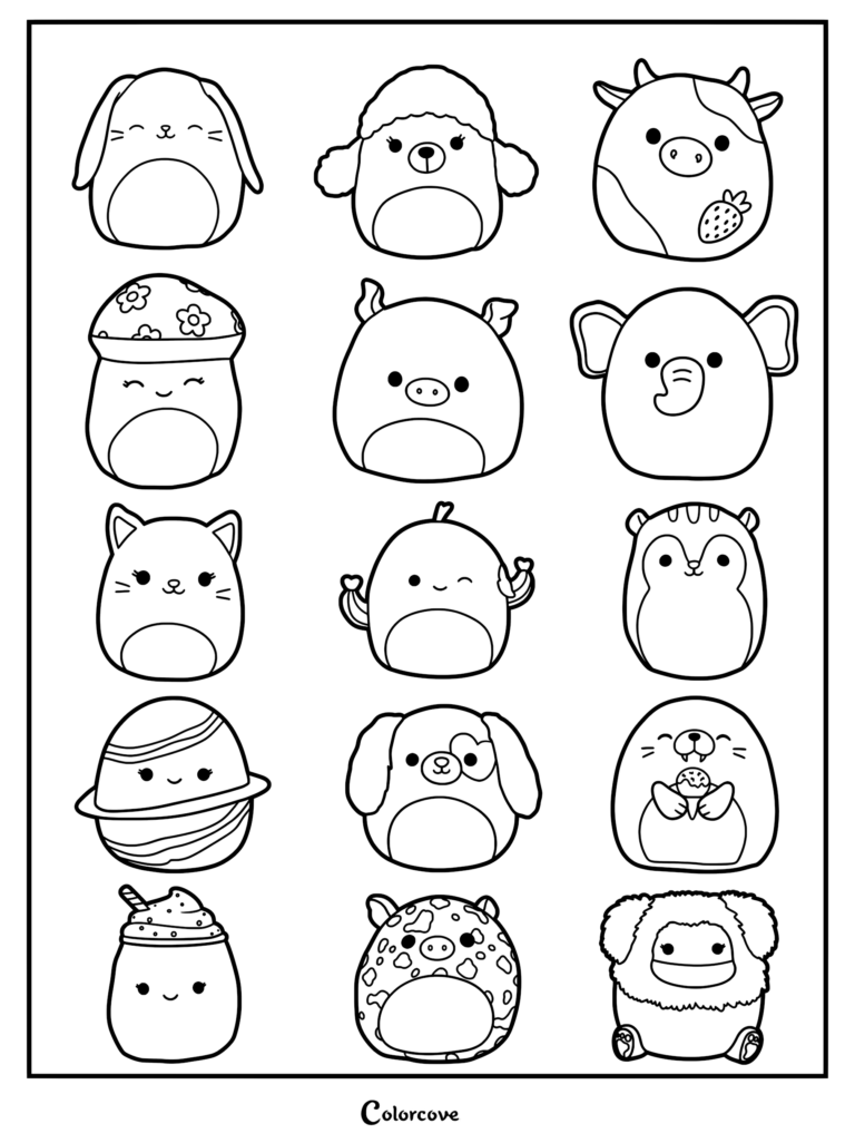 Una colección de varios Squishmallows rosas en formato de página para colorear imprimible con diversos diseños de personajes.