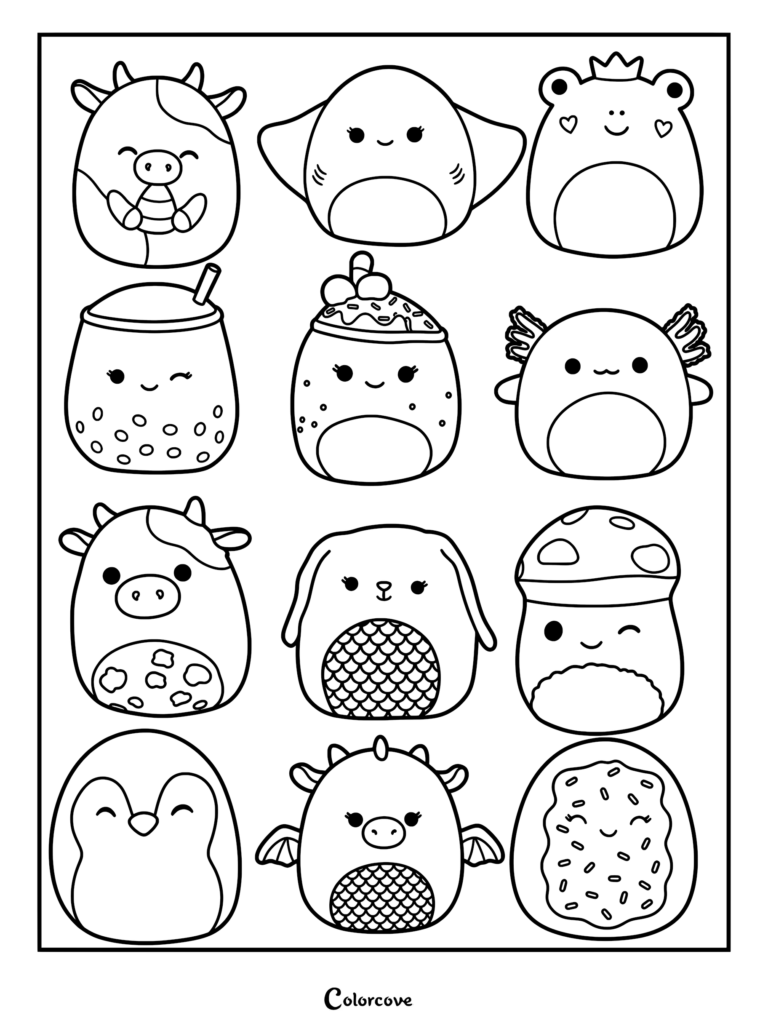 Una colección de varios personajes de Squishmallows morados en formato de página para colorear imprimible.
