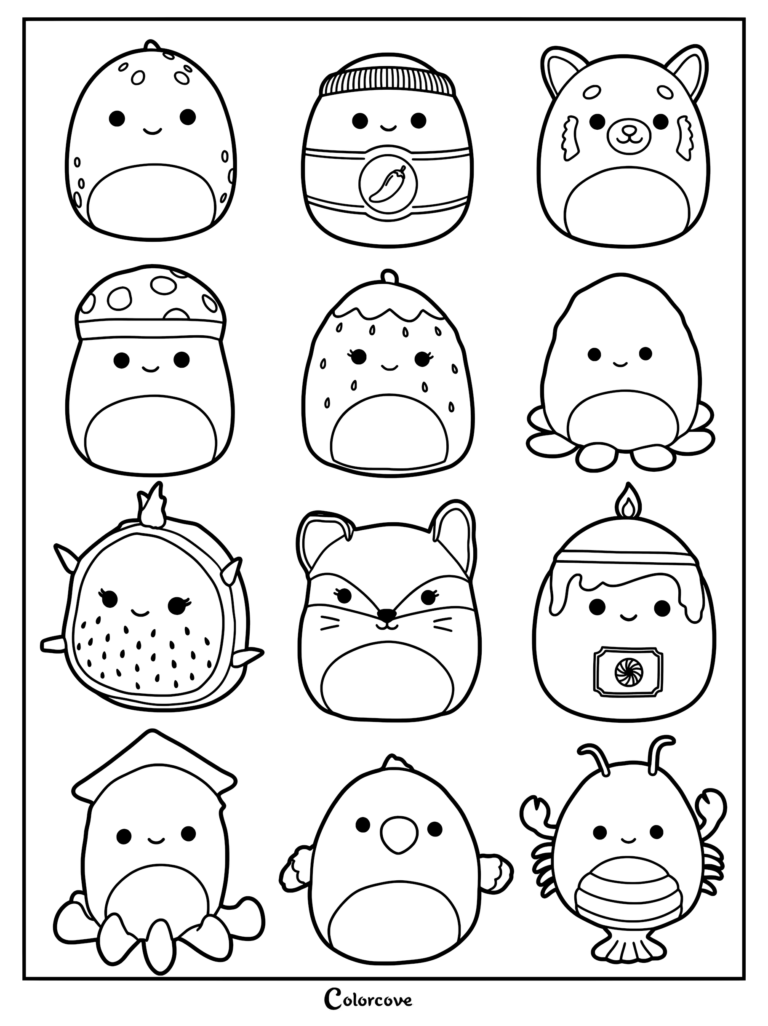Una página para colorear imprimible con una colección de doce personajes de Squishmallows rojos en varias formas y estilos.