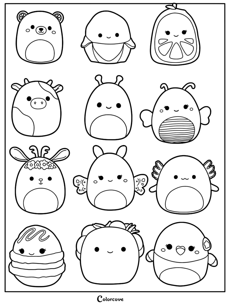 Una página para colorear imprimible con una colección de varios personajes de Squishmallows amarillos en estilo de arte lineal.