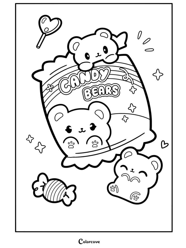 Coloriage d'un emballage de snacks d'ours en bonbon kawaii mignon avec des ours en gélatine et des douceurs sur fond rose à pois pour les fans de Squishy