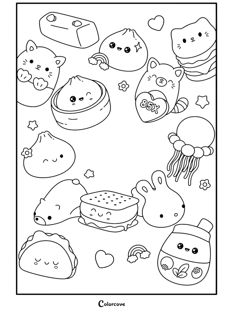 Coloriage gratuit à imprimer représentant une jolie collection de jouets Squishy kawaii avec des chats, des dumplings, des meduses, des smores et du boba.
