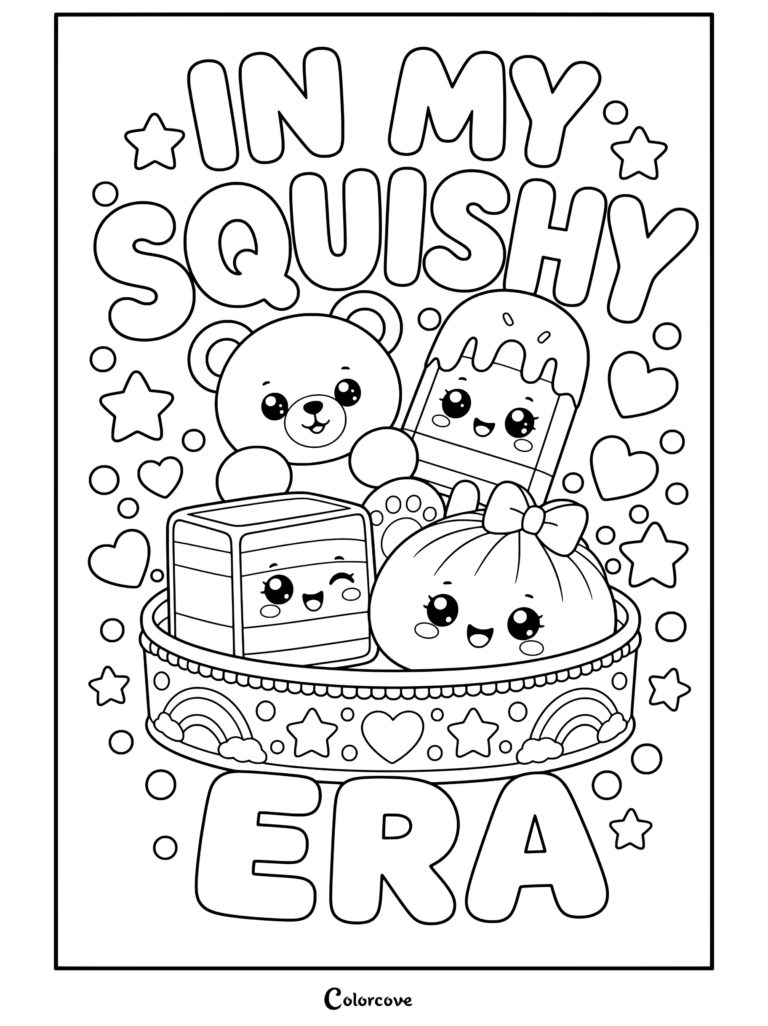 Coloriage à imprimer d'une jolie collection de jouets Squishy kawaii avec un ours rose, une glace arc-en-ciel, un cube et un dumpling avec le texte in my squishy era.