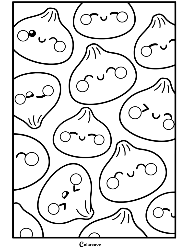 Coloriage représentant un joli motif de personnage Squishy pastel avec des designs étincelants de figue et de dumpling de différentes couleurs.
