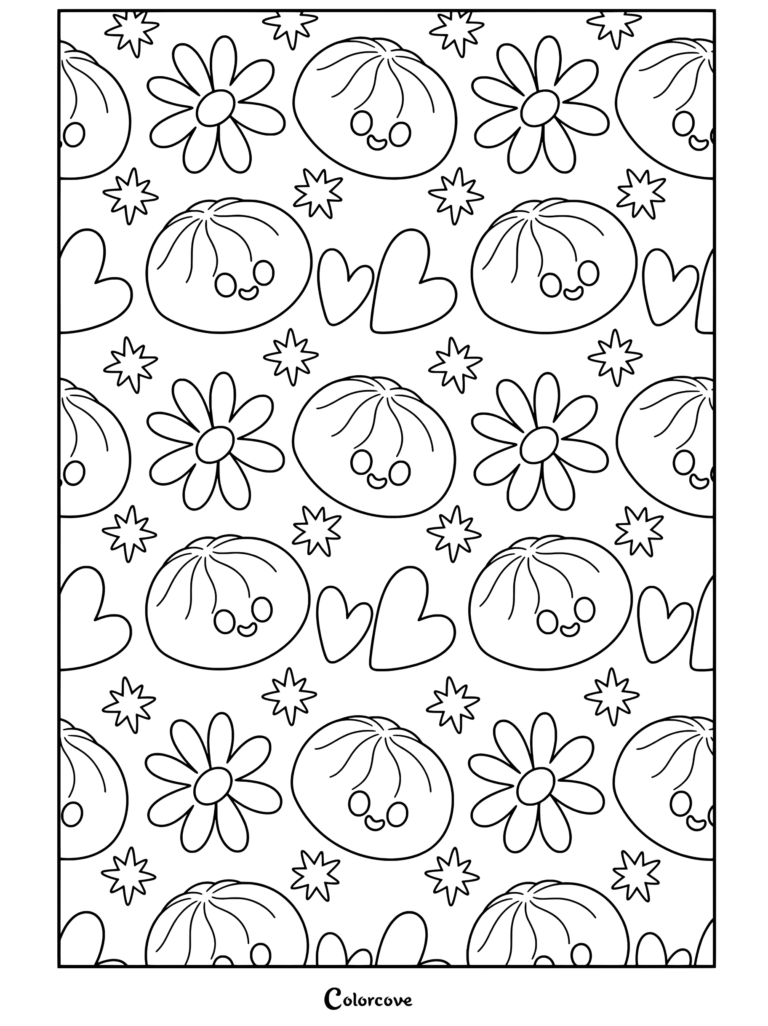 Un coloriage de motif kawaii de dessin animé sans couture de jouet Squishy dumpling avec des vêtements d'enfants emballés, des menus, des tissus et des motifs d'impression sur papier japonais.