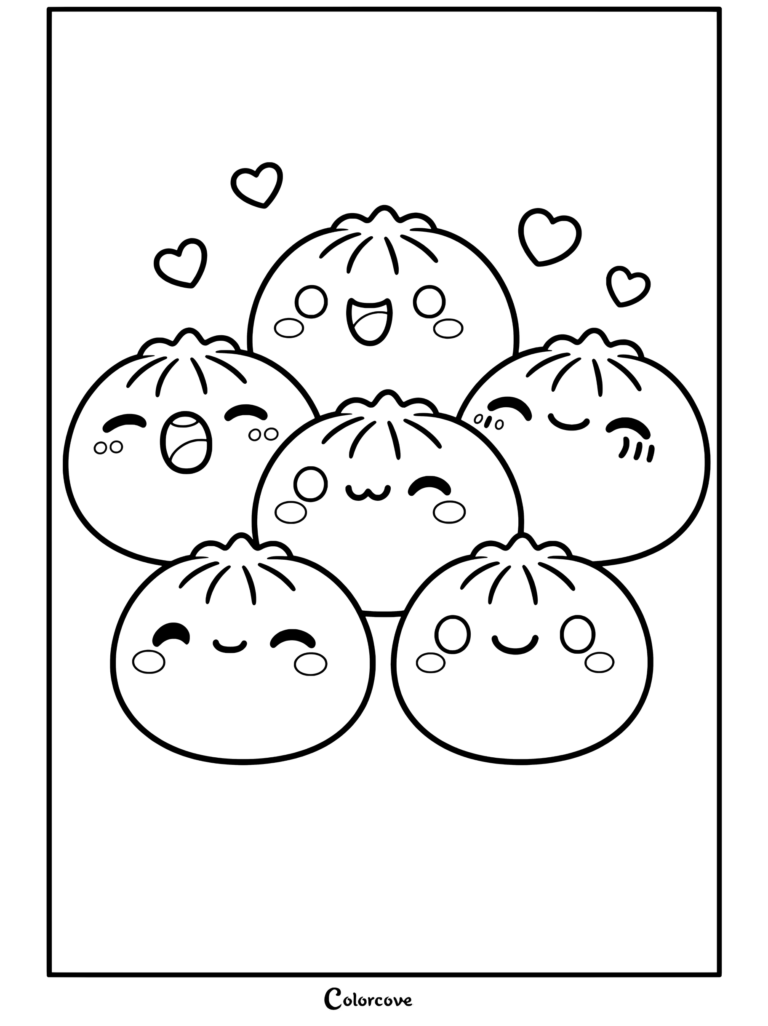 Un coloriage Squishy représentant un groupe de petits pains cuits à la vapeur mignons et heureux avec des visages kawaii et des joues roses.