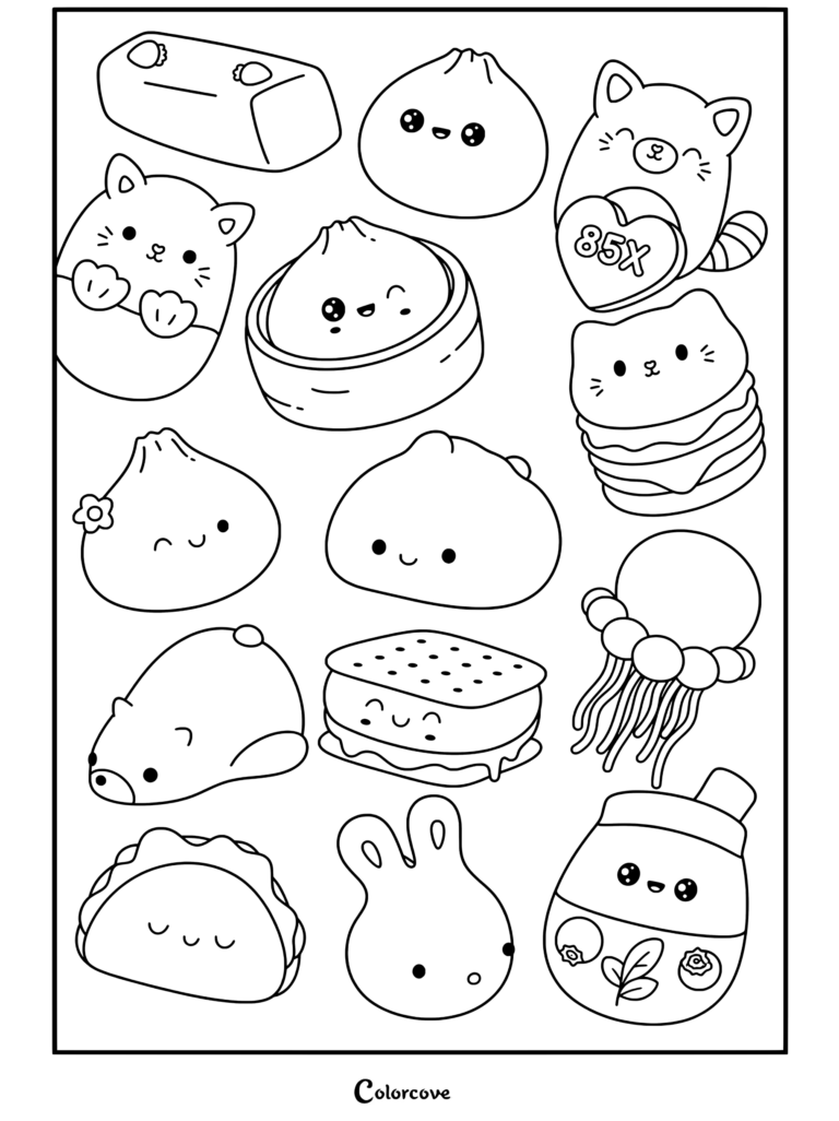 Coloriage d'un ensemble d'illustrations in my squishy era de mignons personnages squishies pastel kawaii représentant d'adorables squishies de nourriture et d'animaux.