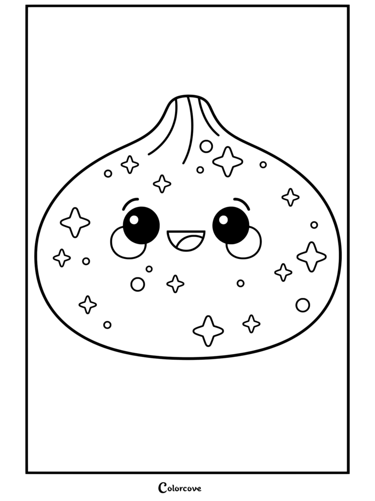 Un joli coloriage de dumpling Squishy avec de grands yeux heureux et des étoiles éparpillées.