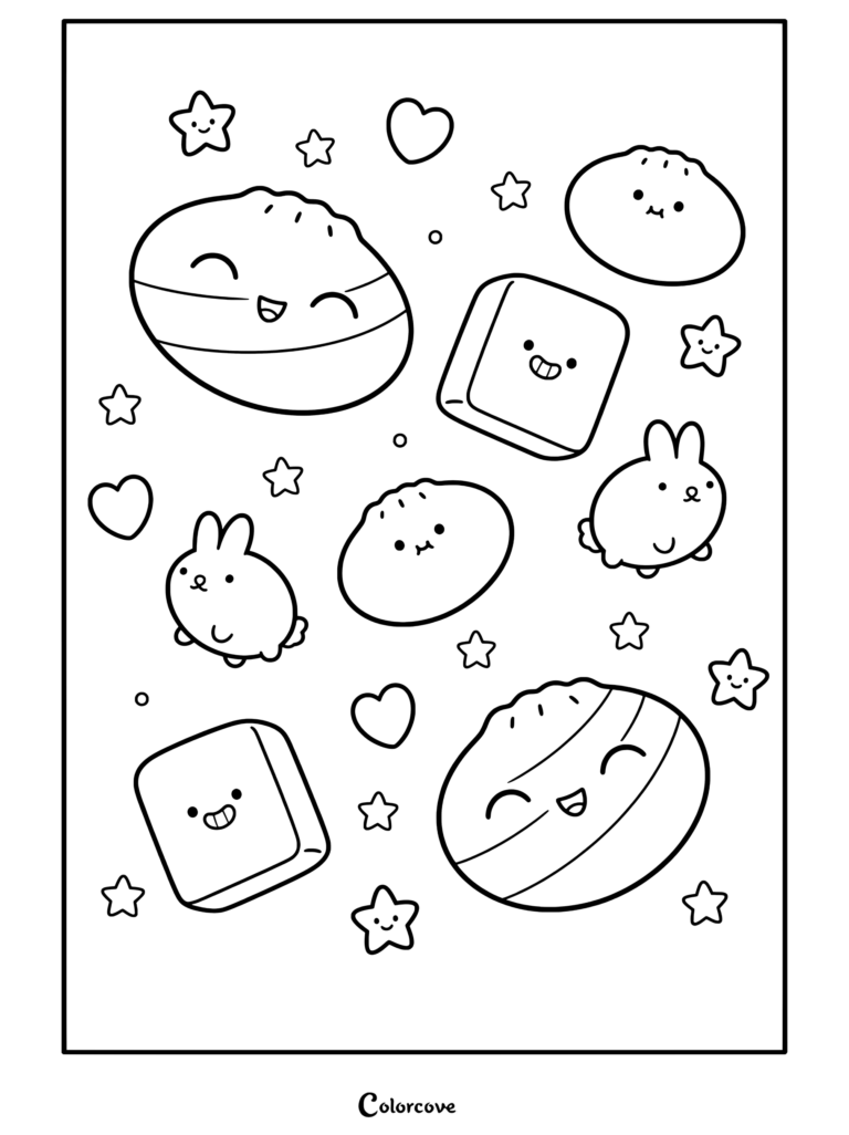 Un coloriage à imprimer représentant des pastels Squishy kawaii mignons : un petit pain arc-en-ciel, un cube bleu, un lapin et des étoiles, réalisé dans un style de contour.