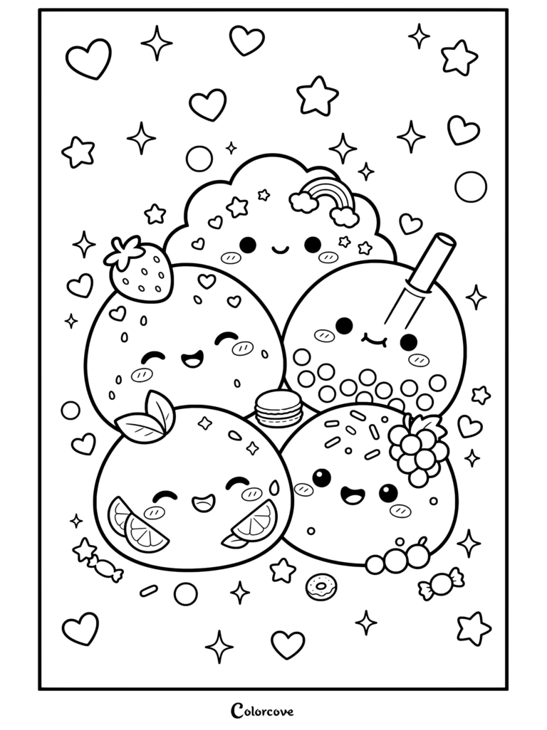 Coloriage d'amis pastels slimes Squishy kawaii représentant un nuage vert, une fraise rose, un boba bleu, un citron jaune et un raisin violet sur un fond de bulles.