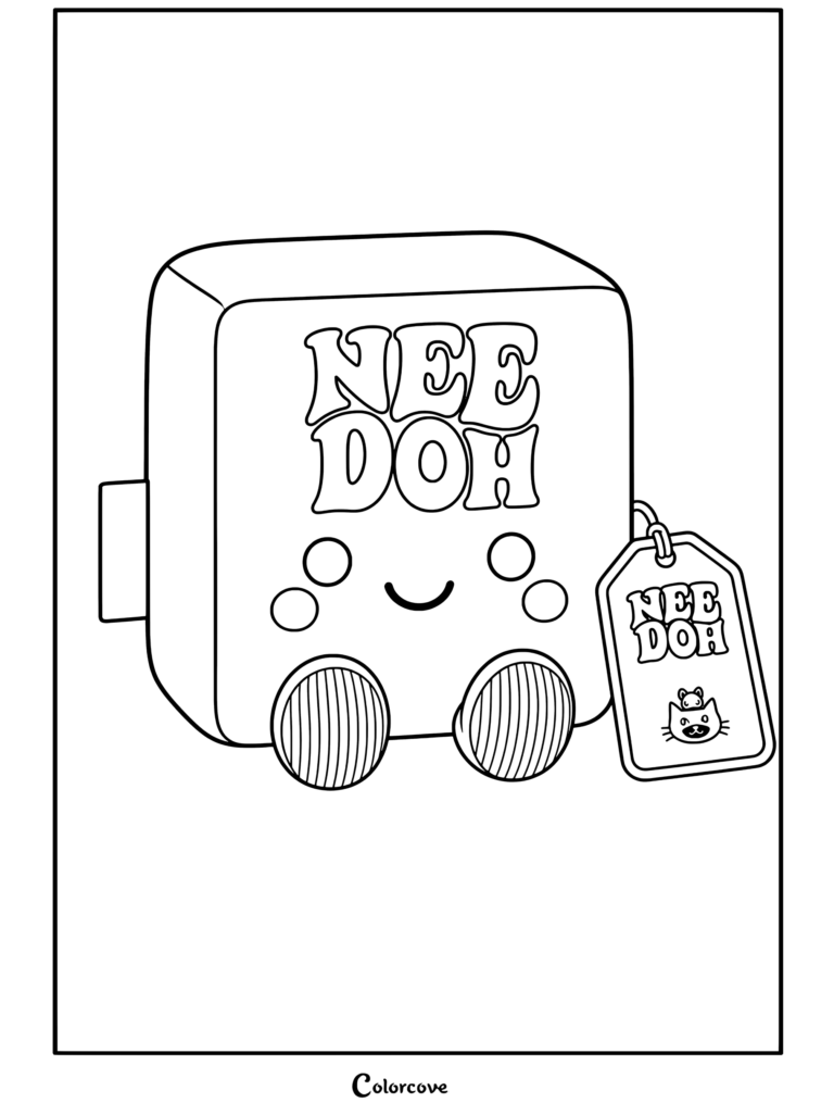 Coloriage d'un jouet NeeDoh nice cube en peluche rose avec des pieds marrons et une étiquette sur une surface rose représentant un jouet Squishy.