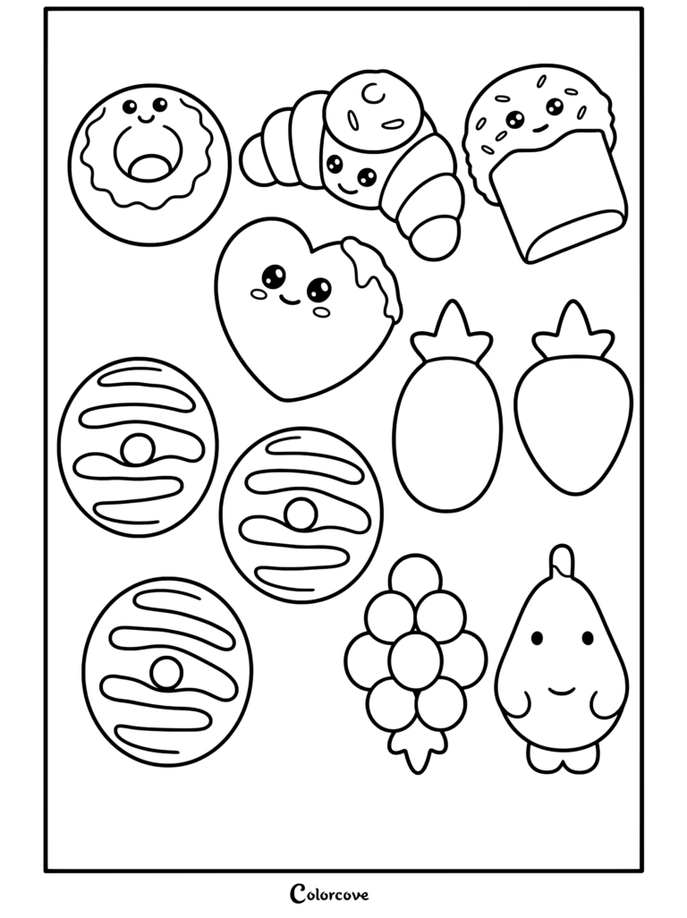 Coloriage d'une collection de squishies de nourriture kawaii mignons représentant des donuts, un croissant, un cupcake et des fruits.