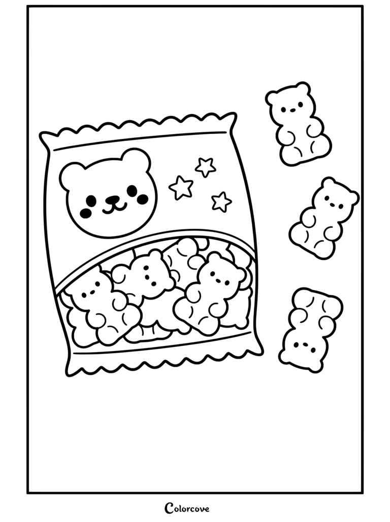 Coloriage d'un sachet de bonbons ours en gélatine Squishy rose avec des ours en gélatine roses, jaunes et bleus éparpillés, pour les fans de Squishy