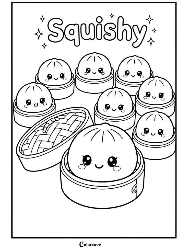 Coloriage Squishy représentant de mignons dumplings dim sum kawaii dans des paniers en bambou avec des étincelles.