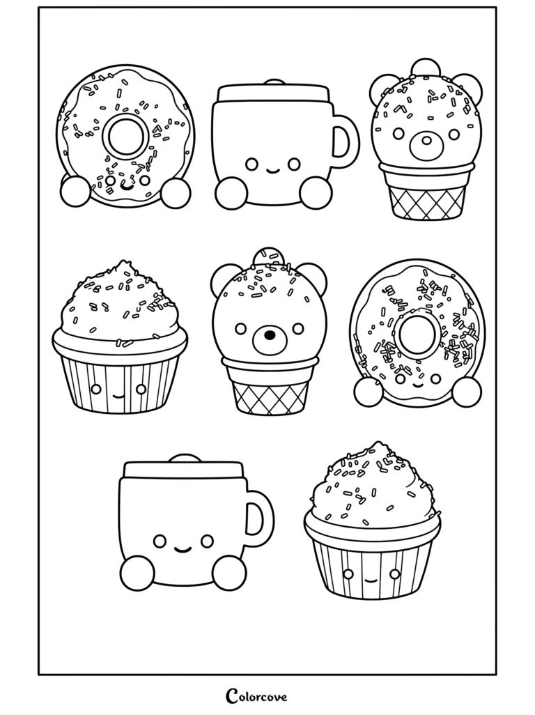 Coloriage Squishy représentant une collection de personnages de nourriture kawaii, incluant donuts, cupcakes, cornes de glace et animaux tasses avec des visages mignons.