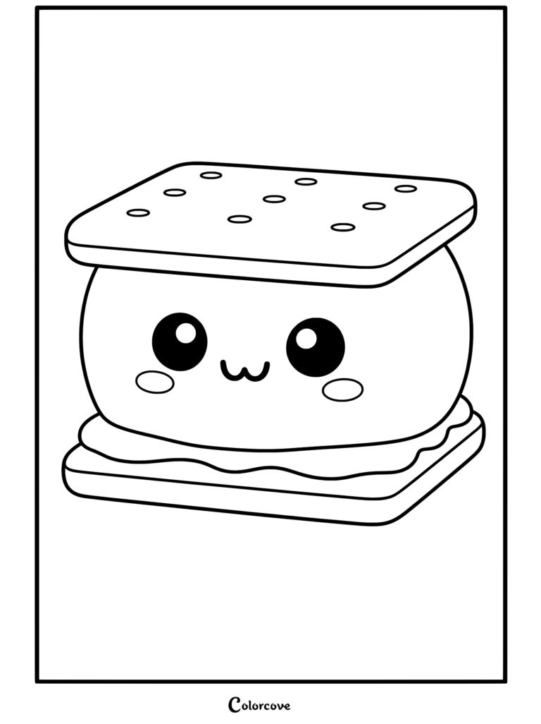 Coloriage gratuit d'un personnage s'more Squishy kawaii avec un biscuit graham scintillant et une expression faciale douce.